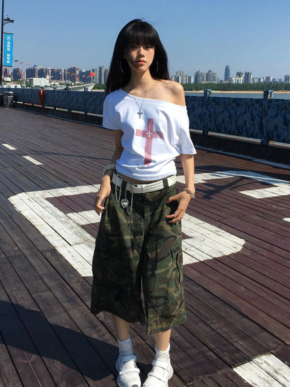 Cathy Dollette Gothic Print Graphic TopLoose Off Shoulder Short Sleeve Tshirt  Vintage Crop TopAmerican Retro 90s Grunge Tees