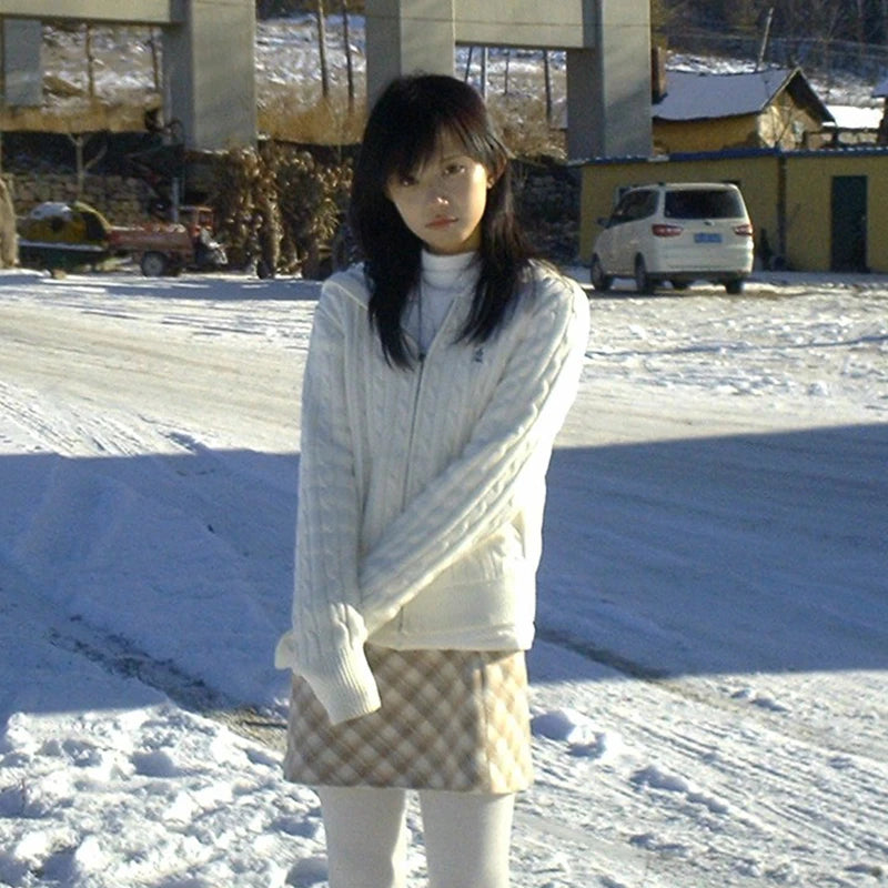 Cathy Dollette Japanese  White Hooded Cardigan 2000s Style Embroidered Knitted Jacket Vintage Harajuku Zipper Knitwear American 90s