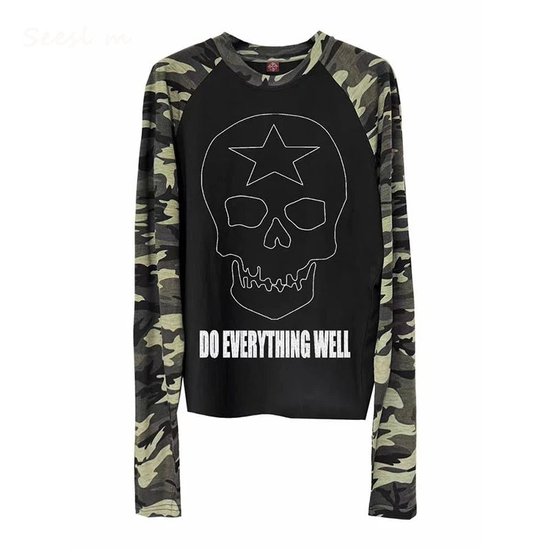 Cathy Dollette Skull Graphic T Shirts Camouflage Woman Clothing Autumn TopLong Sleeve Cotton 2000s Clothes  Tees Female Clothing