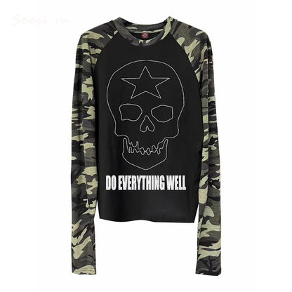 Cathy Dollette Skull Graphic T Shirts Camouflage Woman Clothing Autumn TopLong Sleeve Cotton 2000s Clothes  Tees Female Clothing
