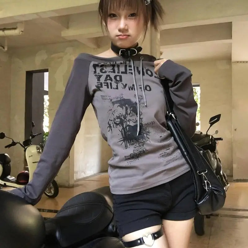 Cathy Dollette Japanese  Off Shoulder  Grunge s Graffiti Print Long Sleeve Tee Shirt Vintage Harajuku Streetwear 90s