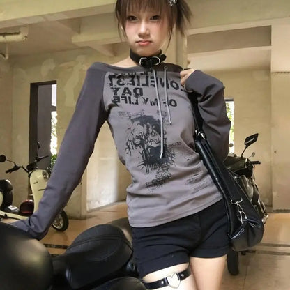 Cathy Dollette Japanese  Off Shoulder  Grunge s Graffiti Print Long Sleeve Tee Shirt Vintage Harajuku Streetwear 90s