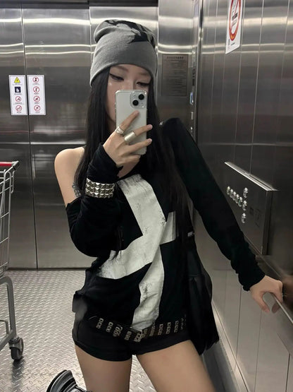 Cathy Dollette Print Cross Graphic T Shirts Woman Long Sleeve Blck Goth Autumn Spring TopTees Female Clothing 2000s Clothes  Chic