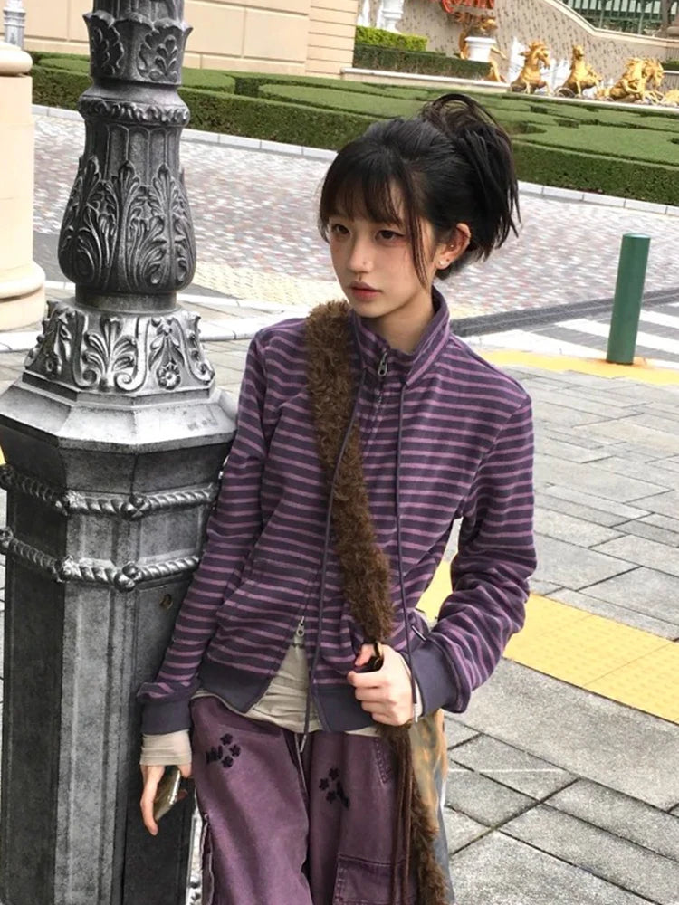 Cathy Dollette  Japanese Sweatshirts  Long Sleeve Striped Stand Collar Sweatshirt High Street Graphic Winter Coats E-girls
