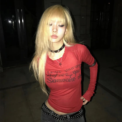 Cathy Dollette Grunge s Letter Print  Trashy 2000s Style Long Sleeve Red T Shirt Japanese  Distressed TopAmerican