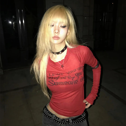 Cathy Dollette Grunge s Letter Print  Trashy 2000s Style Long Sleeve Red T Shirt Japanese  Distressed TopAmerican