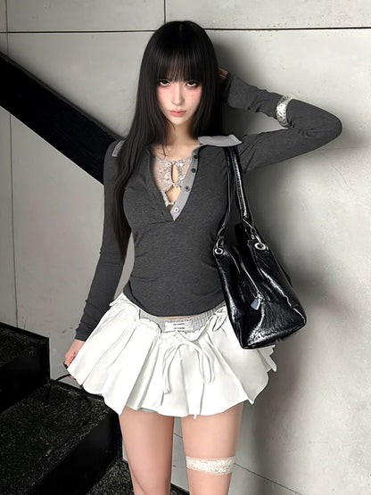 Cathy Dollette Hotsweet Turn-down Collar Fake Two Piece s  Clothing Patchwork Lace Autumn TopKorean 2000s Clothes