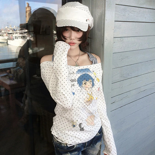 Cathy Dollette Japanese  Anime Print  2000s Cutecore Off Shoulder TopVintage Harajuku Long Sleeve Fake Two-piece Top Kawaii