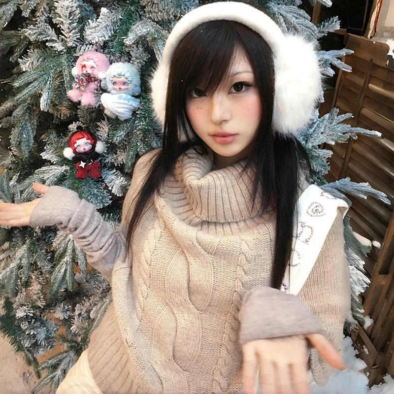 Cathy Dollette Japanese  Khaki Cape Sweater Vintage Harajuku Knit Loose Pullover Korean Style Turtleneck Knitwear 2000s s