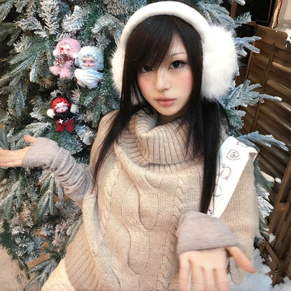 Cathy Dollette Japanese  Khaki Cape Sweater Vintage Harajuku Knit Loose Pullover Korean Style Turtleneck Knitwear 2000s s