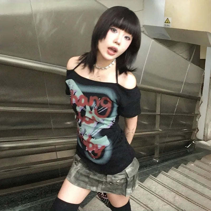 Cathy Dollette Japanese  Graffiti Print  Trashy 2000s Style Off Shoulder TopVintage Harajuku Short Sleeve Halter Tshirt 90s
