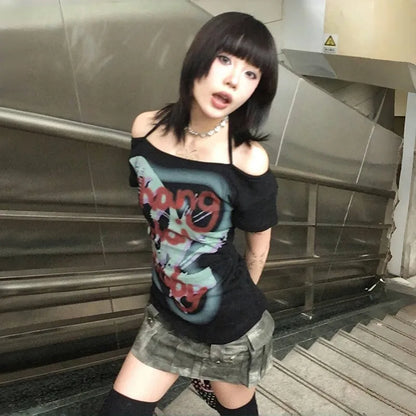 Cathy Dollette Japanese  Graffiti Print  Trashy 2000s Style Off Shoulder TopVintage Harajuku Short Sleeve Halter Tshirt 90s