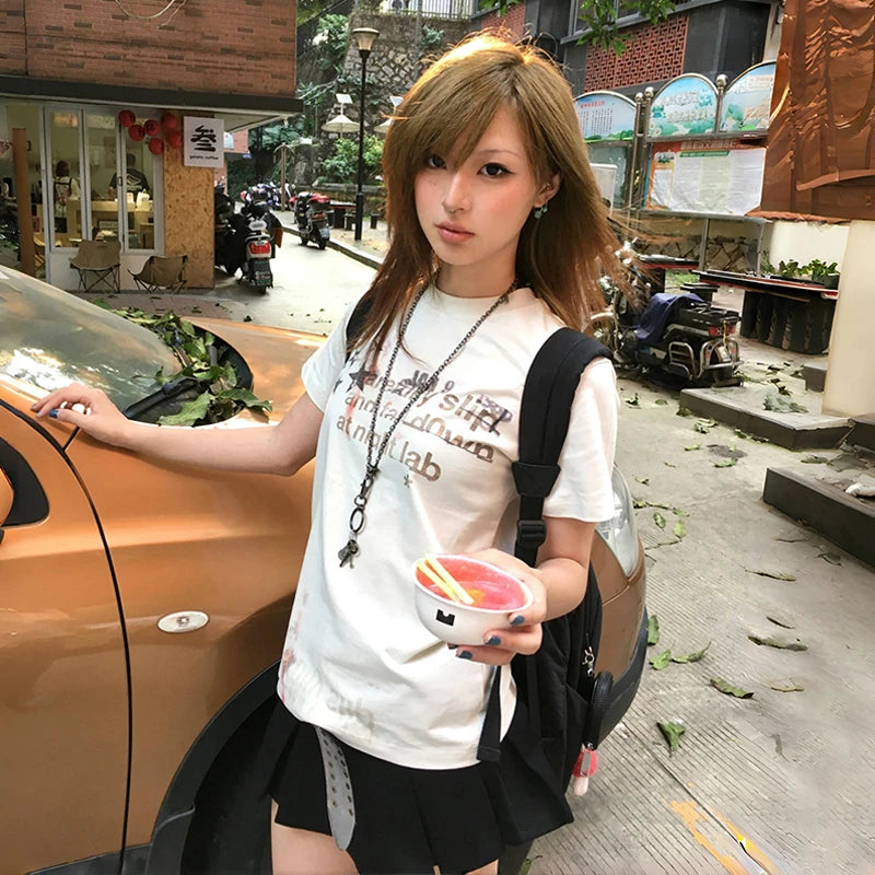 Cathy Dollette Japanese  Letter Print  Trashy 2000s Style Short Sleeve T Shirt Vintage Harajuku Distressed Top American Retro