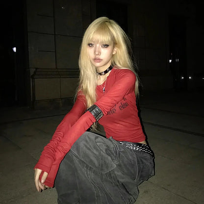 Cathy Dollette Grunge s Letter Print  Trashy 2000s Style Long Sleeve Red T Shirt Japanese  Distressed TopAmerican