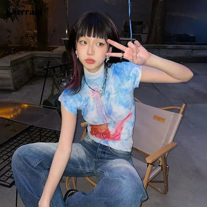 Cathy Dollette Japanese  Crop Top 2000s s Graphic T Shirts Vintage Harajuku Short Sleeve  Grunge Tie-dye Slim Tops