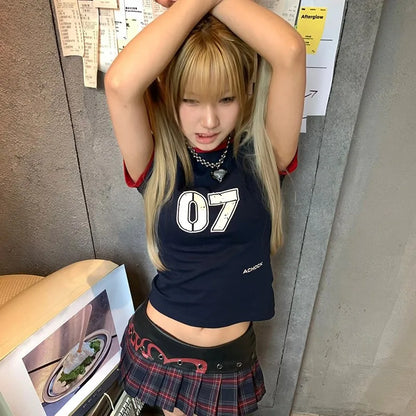 Cathy Dollette Japanese  T Shirt Vintage Harajuku Short Sleeve Patchwork TopAmerican Retro Jersey  2000s Grunge s