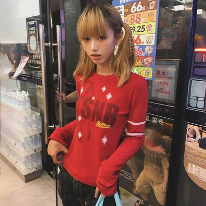 Cathy Dollette Japanese  Letter Print  Trashy 2000s Style Flare Sleeve TopVintage Harajuku Red Tee Shirt American Retro 90s