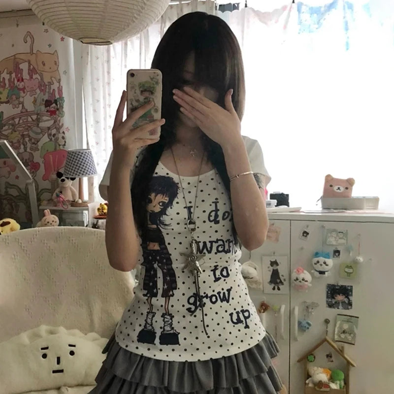 Cathy Dollette Japanese  Anime Print  2000s Style Polka Dots T Shirt Vintage Harajuku Short Sleeve Tee Shirt American Retro