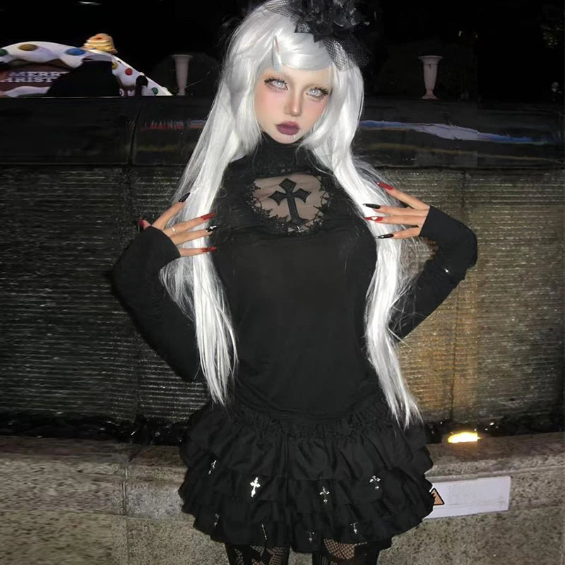 Cathy Dollette Gothic T Shirt  Hollow Out Turtleneck Y2 Vintage Crop Top Japanese 2000s Grunge Top Tshirt