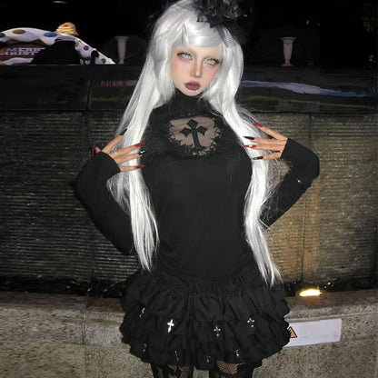 Cathy Dollette Gothic T Shirt  Hollow Out Turtleneck Y2 Vintage Crop Top Japanese 2000s Grunge Top Tshirt