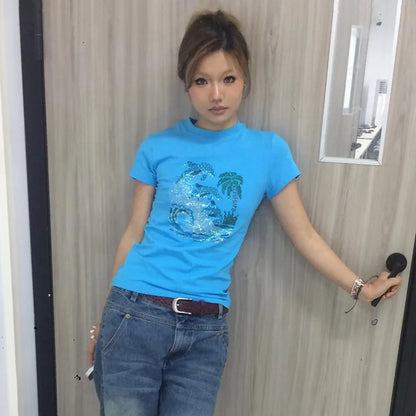 Cathy Dollette Japanese  Rhinestones  Vintage Harajuku Diamond Print T Shirts Trashy 2000s s Blue Tee Shirt Grunge