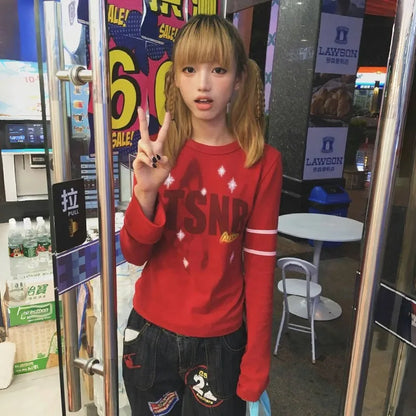 Cathy Dollette Japanese  Letter Print  Trashy 2000s Style Flare Sleeve TopVintage Harajuku Red Tee Shirt American Retro 90s