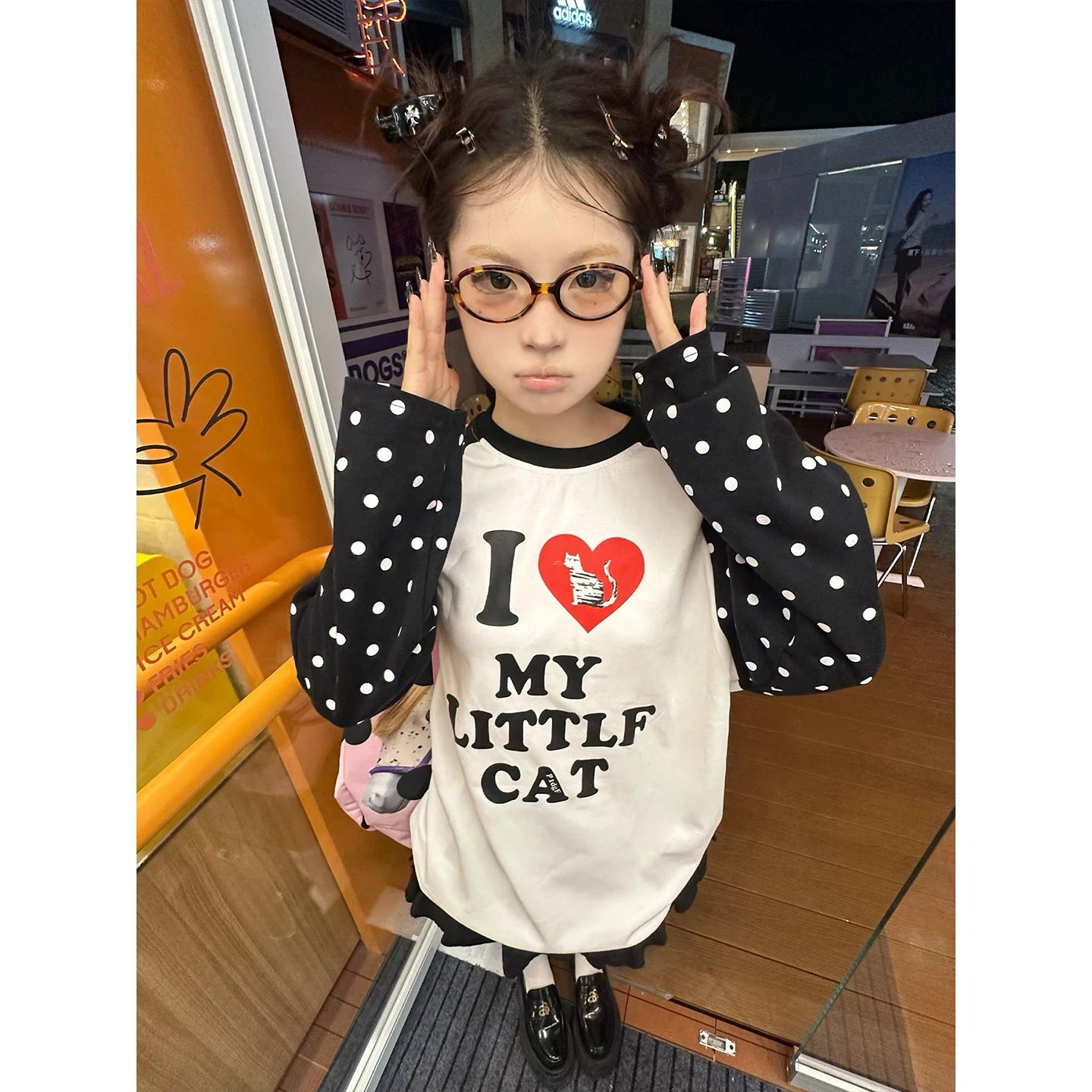 Cathy Dollette Harajuku Print Graphic TopLoose Casual   Dot Patchwork  Grunge TopAmerican Retro Streetwear