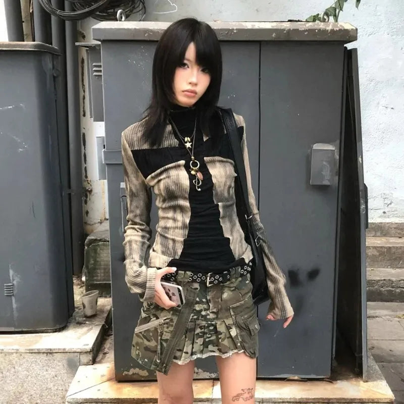 Cathy Dollette Japanese  Ribbed TopVintage Harajuku Cross Print  Grunge s Long Sleeve Patchwork TopTrashy 2000s