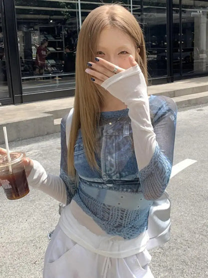 Cathy Dollette Korean Style Mesh TopSee Through T Shirt  Long Sleeve  Vintage Tee Top Summer Tshirts Female