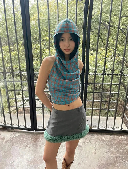 Cathy Dollette Vintage Tank Top Plaid Sleeveless Hollow Out Lace Up Crop Top Retro Tanks Backless Summer Tee Top2000s