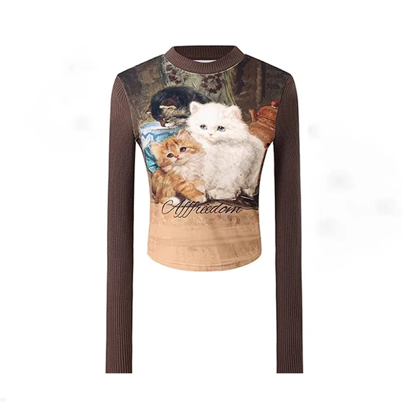 Cathy Dollette Japanese  Cat Print  2000s s Long Sleeve Crop TopVintage Harajuku Patchwork Ribbed TopKorean Cute