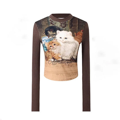 Cathy Dollette Japanese  Cat Print  2000s s Long Sleeve Crop TopVintage Harajuku Patchwork Ribbed TopKorean Cute