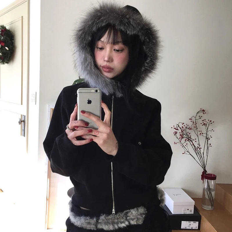 Cathy Dollette Japanese  Thin Fur Coat  Vintage Korean Style Black Hooded Jacket Grunge s Fur Collar Zipper Coat 00s