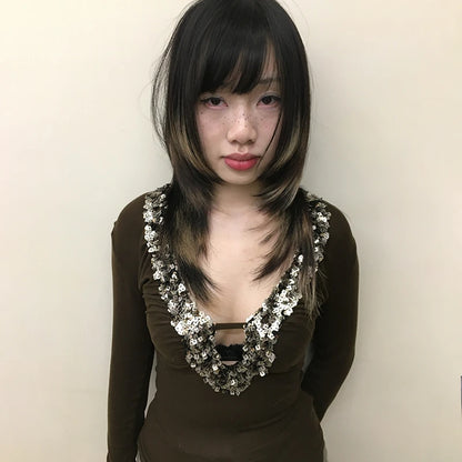 Cathy Dollette Japanese  V-neck Sequin TopTrashy 2000s Style Sxey Long Sleeve  Vintage Harajuku Slim TopAmerican Retro