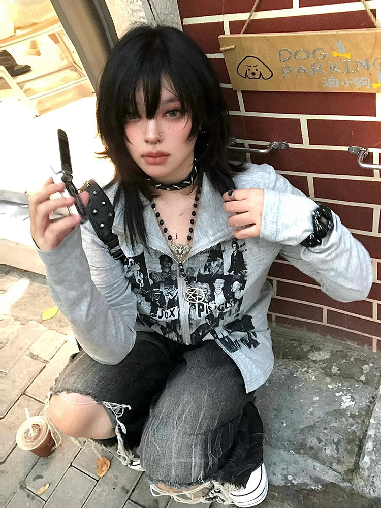 Cathy Dollette Gothic Gray T Shirt  Clothes Long Sleeve Korean Fashion Graphic T Shirts 2000s Clothes  Autumn TopGoth Tshirt