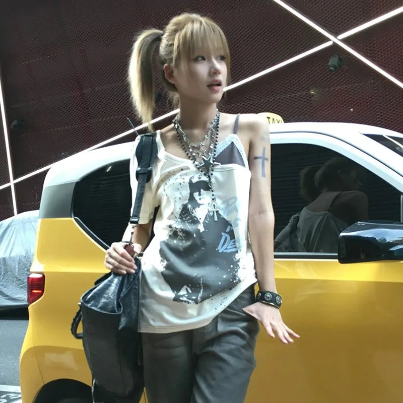 Cathy Dollette  Grunge s Fake Two-piece  Trashy  Graffiti Print T Shirt Vintage Harajuku Irregular Patchwork Top90s