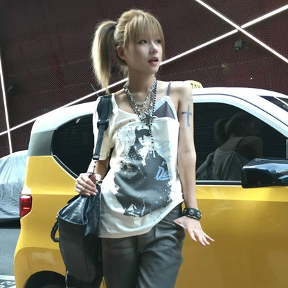 Cathy Dollette  Grunge s Fake Two-piece  Trashy  Graffiti Print T Shirt Vintage Harajuku Irregular Patchwork Top90s