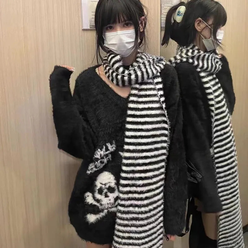 Cathy Dollette Gothic Skulls Sweater Grunge Dark s Knitted Jumper V-neck Harajuku Loose Mohair Pullover Emo Alt Knitwear