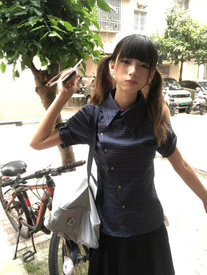 Cathy Dollette  Japanese  Shirt Short Sleeve Irregular Plaid Blouse And Shirt Grunge Top 2000s Shirts Tops