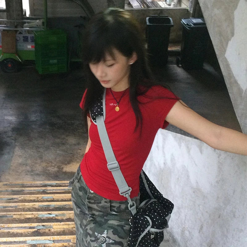 Cathy Dollette Japanese  Rhinestones  Vintage Harajuku Diamond Letter T Shirt 2000s Style Short Sleeve Crop TopAmerican 90s
