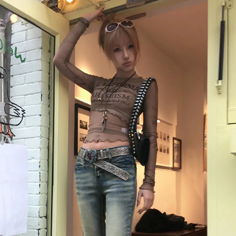 Cathy Dollette Japanese  Mesh TopVintage Harajuku Letter Print Long Sleeve  2000s Grunge s Sheer TopAmerican 90s