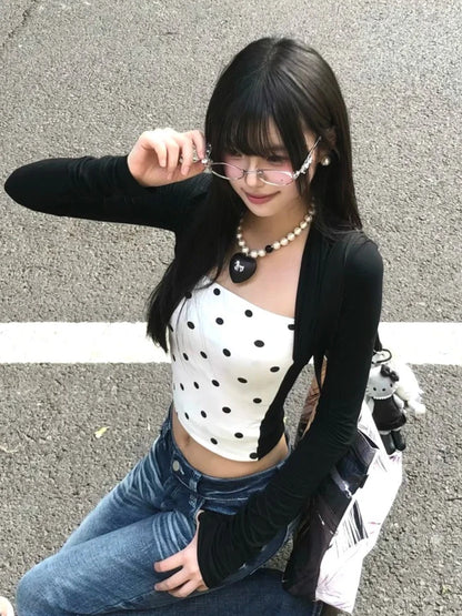 Cathy Dollette Korean Style   Polka Dot Patchwork Crop Top Fairycore Tshirts Japanese 2000s Streetwear Tee Tops