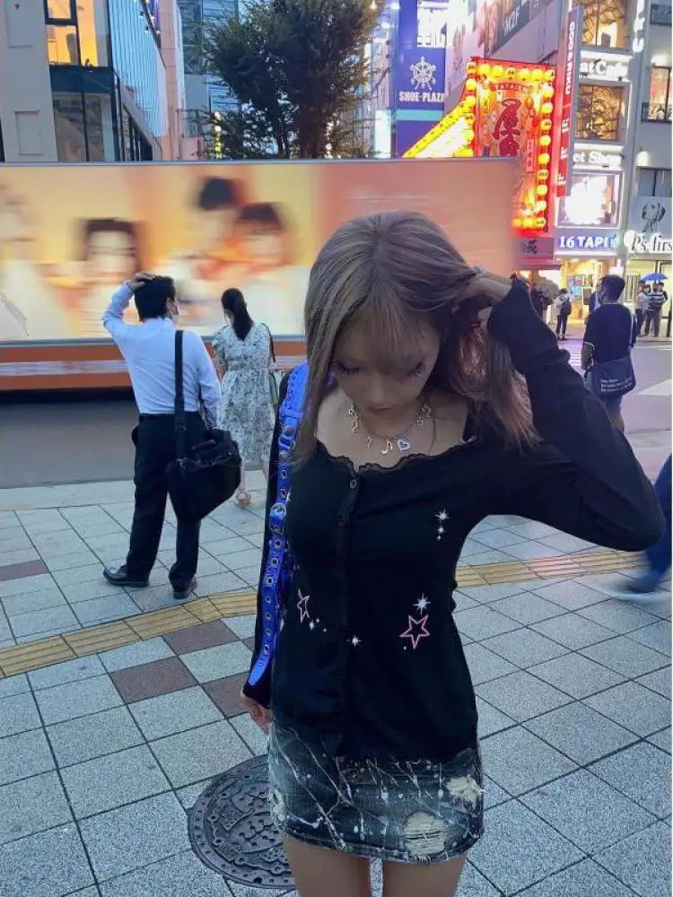 Cathy Dollette Hotsweet Lace Patchwork Print Stars T Shirt  Clothes Long Sleeve Slim Harajuku  Cardigan Tee Shirt Femme 90s