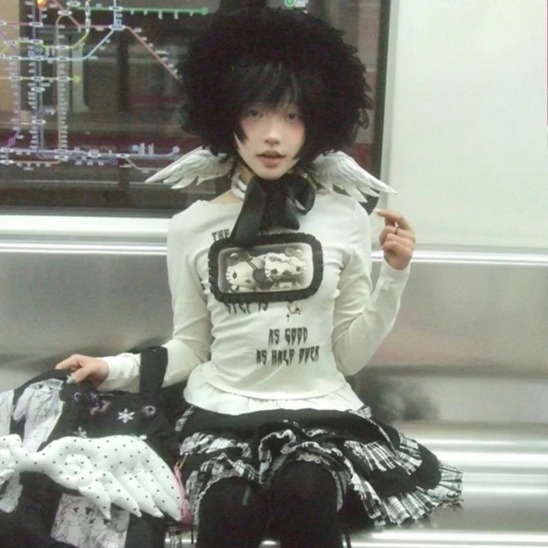 Cathy Dollette Japanese  Anime Print  Trashy 2000s Style Long Sleeve T Shirt Vintage Harajuku Lace Patchwork TopGrunge 90s