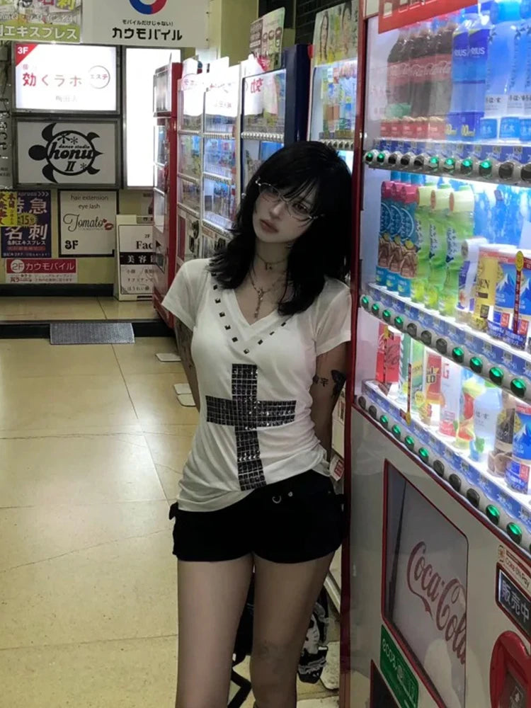 Cathy Dollette  Japanese T Shirt  Short Sleeve Sequined Cross Tee TopAmerican Retro Vintage TopE-girls Streetwear Tshirts