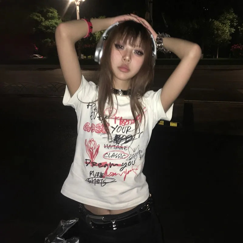 Cathy Dollette Japanese   s 2000s Graffiti TopHarajuku Graphic Print Short Sleeve Tshirt E-girls Goth Tees Grunge