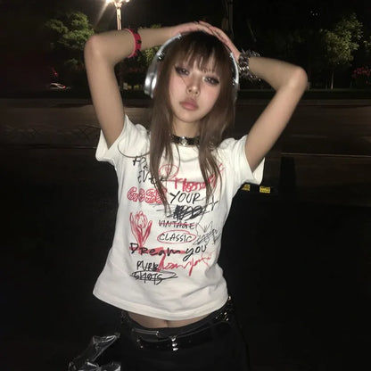 Cathy Dollette Japanese   s 2000s Graffiti TopHarajuku Graphic Print Short Sleeve Tshirt E-girls Goth Tees Grunge
