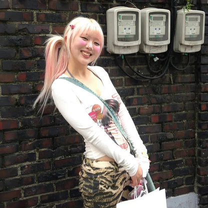 Cathy Dollette Japanese  Anime Print  2000s s Long Sleeve Tee Shirt Vintage Harajuku V-neck White TopKawaii Lolita