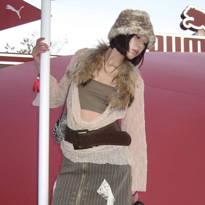 Cathy Dollette Japanese  Lace TopVintage Harajuku Fur Collar Knit Top2000s s Hollow Out Long Sleeve  American