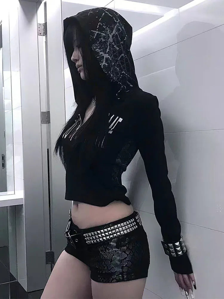 Cathy Dollette Black Hooded Gothic T Shirt  Clothes Long Sleeve Autumn Top2000s Clothes  Graphic T Shirts Tees Female Chic